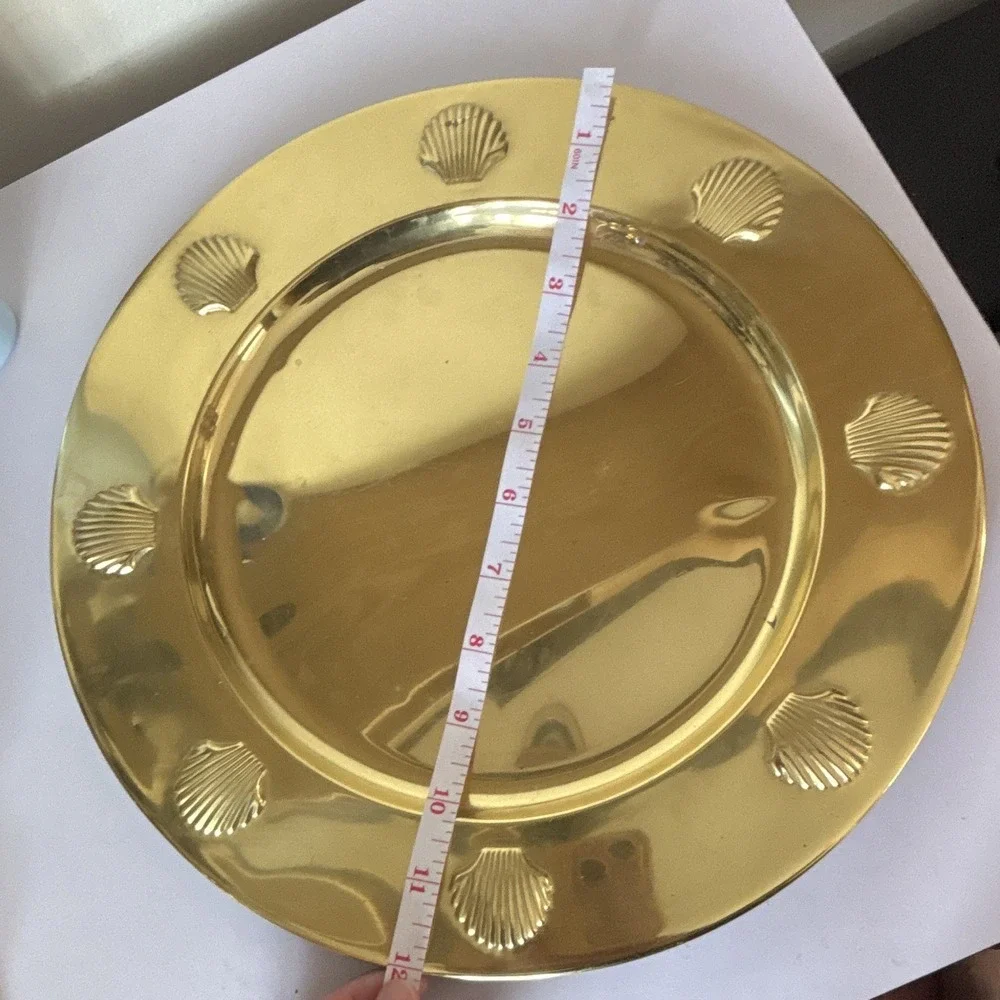 Round 12in Gold Polished Metal Serving Tray Shell Pattern Made in Hong Kong